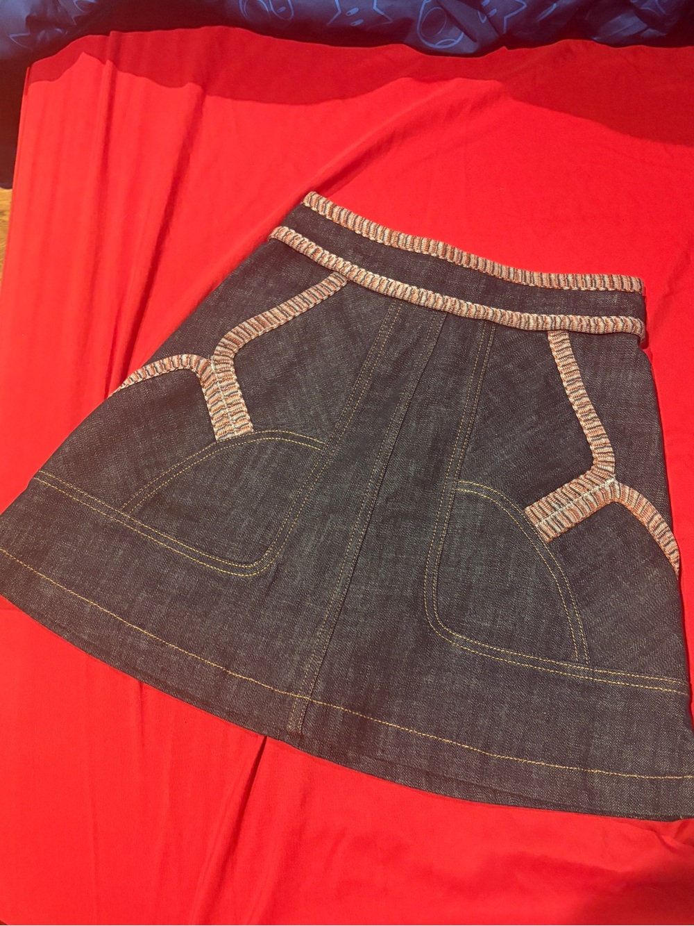 Like New See By Chloe Dark Indigo Denim Circle Skirt with Tan Trim
